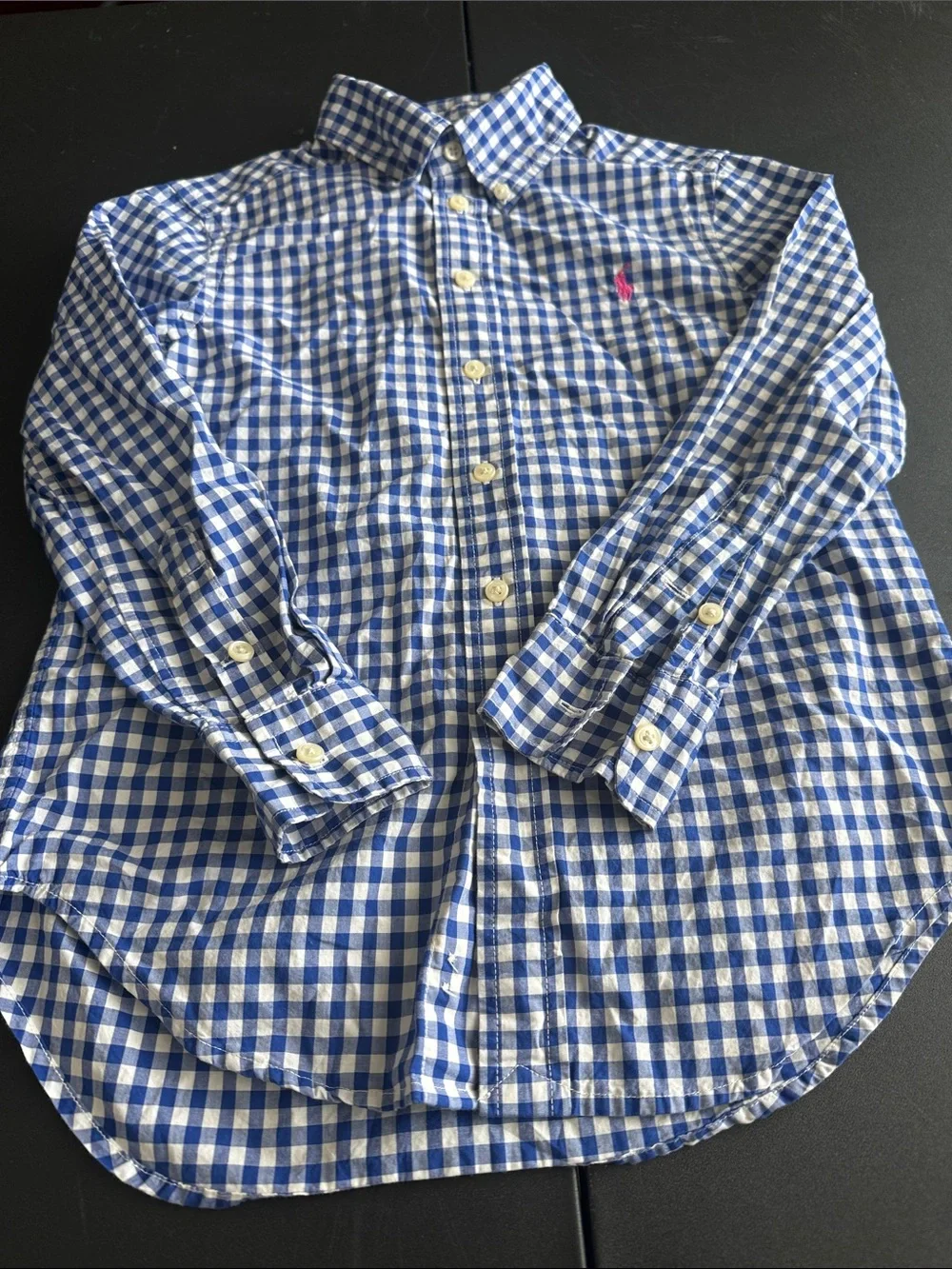Ralph Lauren Boys Blue & White Gingham Button-Down Shirt with Pink Pony